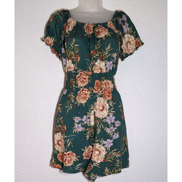 American Eagle Floral Romper Woman Sz Medium Green Peasant Cottagecore Style - Picture 2 of 12